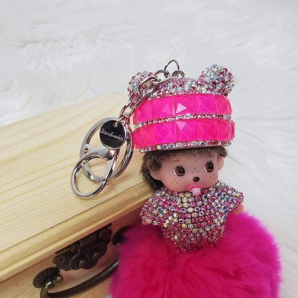 GreenSnooker Monchichi Rabbit Fur Fuchsia Keychain, Bag Pendant - Picture 8 of 10